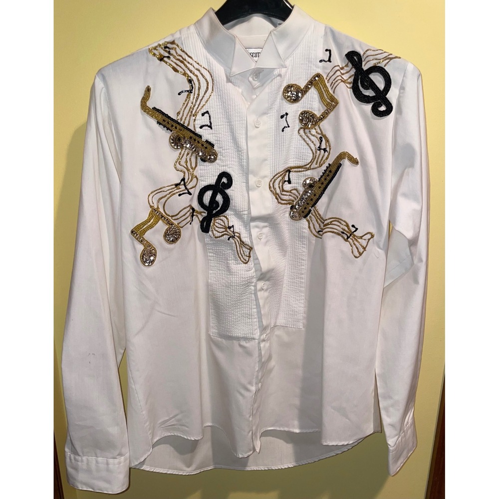 Wayne Scott White Beaded Sequined Saxophone Musical Note Tuxedo Shirt L
